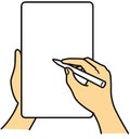 Hands holding tablet, stylus pen, illustration image,